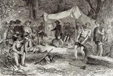 O Primeiro Dia em Jamestown, 14 de maio de 1607, de "O Romance e a Tragédia da Vida Pioneira", de Augustus L. Mason, 1883 (gravura) (foto bundw)