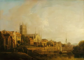 Uma vista da Catedral de Worcester do rio (óleo sobre tela)