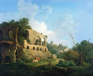 Paisagem de estilo italiano com uma casa perto de ruínas clássicas