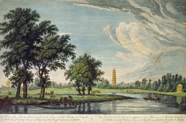 Kew, A View of the Lake and Island vista do relvado, com a Ponte, os Templos de Arethusa e Victory e o Grande Pagode nos Jardins Reais de Kew