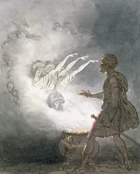 Macbeth e a aparição da cabeça armada, ato IV, cena I, de &39;Macbeth&39;, por William Shakespeare (1564-1616) c.1820 (wc, lavar, caneta e tinta no papel)