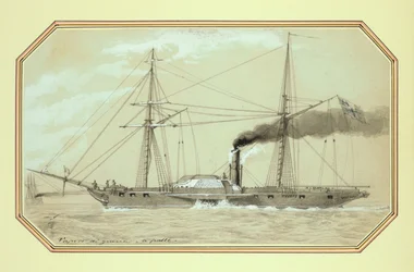 Um navio de guerra a vapor movido por rodas de pás