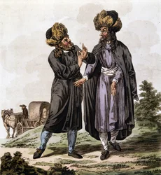 Judeus poloneses, gravura do livro "O Traje dos Estados Hereditários da Casa da Áustria" de Antoine François Bertrand de Molleville e ilustrado por William Miller (1796-1882) em 1804