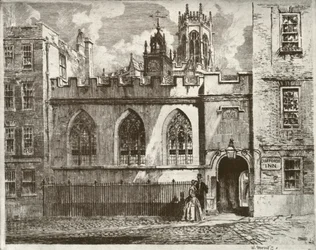 Cliffords Inn Hall e Clock Turret, com a Torre das Lanternas de St. Clement Danes Beyond, 1934.