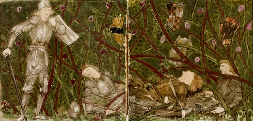 Dezesseis azulejos formam oito ilustrações do conto 