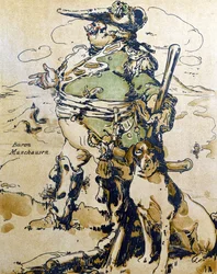 Barão Munchausen, ilustração de "Personagens do Romance", publicado pela primeira vez em 1900 (cor litho)
