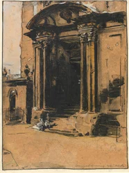 A Porta do antigo Museu Ashmolean, Oxford (caneta e tinta, giz preto e lavagem com altura branca em papel de decalque)