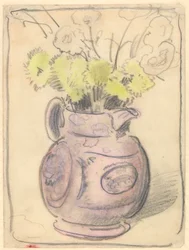 Vaso de flores: crisântemos amarelos em jarro lustroso (giz preto e colorido sobre papel)