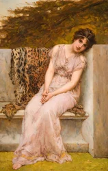 Retrato de uma jovem mulher sentada em cima de um assento de mármore, 1882.