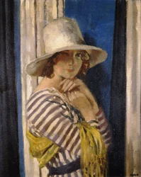 Sra. Hone em um vestido listrado, c.1912