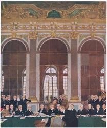 Assinando a paz no Salão dos Espelhos, Palce de Versalhes, 28 de junho de 1919, de Cassells História do Povo Britânico publicado pela Waverley Book Company Limited, c.1940