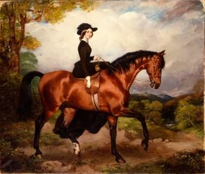 Retrato da Sra. Thomas Conolly, sentada de lado num cavalo de caça castanho, com traje de equitação preto