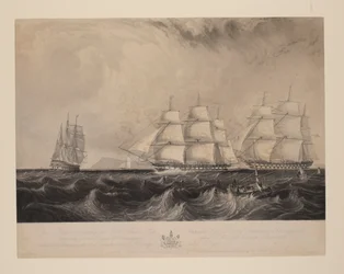 Esta gravura representa o navio das Índias Orientais "Vernon", comandado por Geo. Denny, comandante, na sua viagem, equipado com uma máquina a vapor de 30 cavalos de potência, passando pelos navios HM Edinburgh e Blenheim 74 ao largo do Canal da Mancha, em