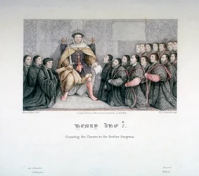 Henrique VIII concedendo o alvará aos cirurgiões barbeiro, século XVI, 1817.                     