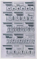 Desenhos para cornijas, publicados em 1788 por William Pain (c. 1730-c. 1790). Gravura a preto e branco de 1783