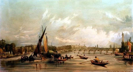 Ponte Waterloo desde o Oeste com uma Corrida de Barcos (litho)