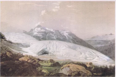 Vista do Monte Furka com o Glaciar do Ródano, da British Adventure, publicado por Collins, 1947