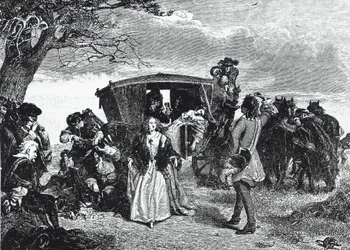 O Highwayman Claude Duval retratado no lendário momento em que declina levar todo o seu saque se a mulher da vítima dançar um 