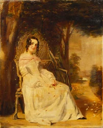 Retrato de Mary Freer sentado pequeno comprimento total em um assento de jardim,
