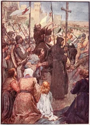 "Freqüentemente ele era visto cavalgando sobre um traseiro", prato de "A história da França", de Mary MacGregor, 1920 (litografia colorida)