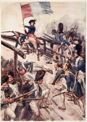 &39;Agarrando uma bandeira, ele mesmo conduziu seus homens através da ponte&39;, prato de &39;A história da França&39;, de Mary MacGregor, 1920 (litografia colorida)