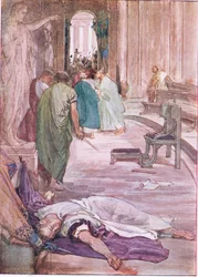 O assassinato de César, de Vidas de Plutarco, publicado por T C & E C Jack Ltd, década de 1920