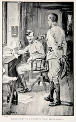 Yorke recebe um despacho de Baden-Powell, uma ilustração de "With Roberts to Pretoria: A Tale of the South African War" por GA Henty, pub. Londres, 1902