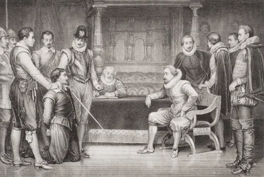 Guy Fawkes (1570-1606) interrogado por James I (1566-1625) e seu conselho no quarto de dormir do rei, de "Ilustrações da História Escocesa e Inglesa", Volume I