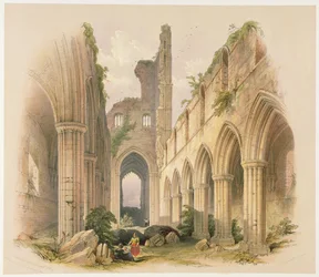 Kirkstall Abbey, a nave e o coro, de "as ruínas monásticas de Yorkshire", gravadas por George Hawkins (1819-52), 1842