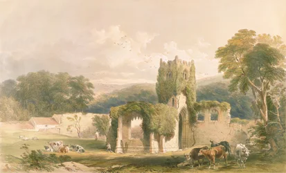 Mount Grace Priory, exterior da igreja, de "As Ruínas Monásticas de Yorkshire", gravado por George Hawkins (1819-52), 1842