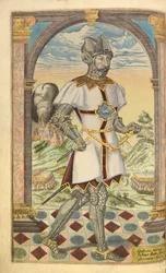 Godfrey Adelmar, da nHonor Military, e Civill, William Segar, pub. Robert Barker, Londres, 1602 (gravura colorida à mão)