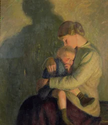 Mãe e filho: à luz de velas (óleo sobre tela)