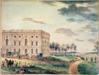 Uma vista do Capitólio de Washington antes de ser queimada pelos britânicos, c.1800 (wc no papel)