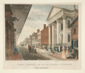 High Street, com a Primeira Igreja Presbiteriana, Filadélfia