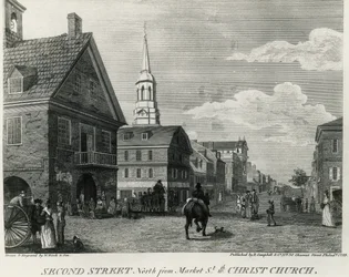 Second Street North from Market Street and Christ Church, Philadelphia, desenho de William Russell Birch (1755-1834), impresso por R Campbell, Estados Unidos da América
