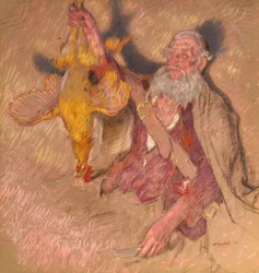 Estudo de um homem segurando um galo para Highland Raiders, 1918 (óleo sobre papel)