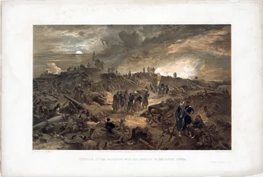 Guerra da Crimeia (1853-1856): episódio do cerco de Sebastopol (Ucrânia), tropas francesas entre as ruínas após a tomada de Malakoff em 8 de Setembro de 1855 - Litografia de William Simpson (18