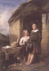 Crianças da Highland à porta de uma Bothy