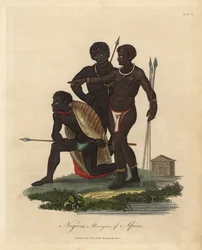Nativos da África do Sul com lanças, casaco de pele de animal, colar