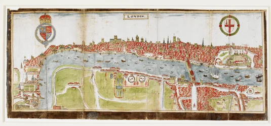 Sloane 2596, f.52 Vista de Londres do sul, mostrando o Rio Tamisa, a Ponte de Londres e a Torre