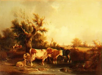 Uma paisagem arborizada com gado por um riacho