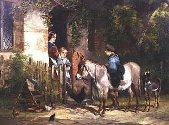 Números com burros fora de uma casa de campo