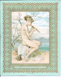 Cartão de ano novo vitoriano de uma beleza de banho em uma praia tocando uma flauta, c.1881