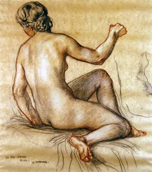 Estudo de uma mulher nua sentada por trás, c.1890 (carvão vegetal, giz vermelho e branco sobre papel)