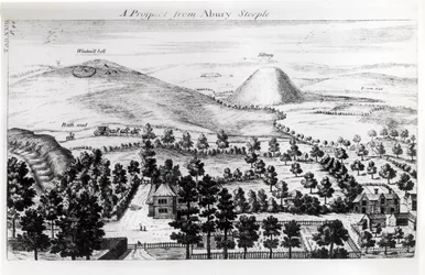 Vista da torre de Avebury de Silbury Hill, ilustração de "Stonehenge: um templo restaurado para os druidas britânicos" por William Stukeley, 1740