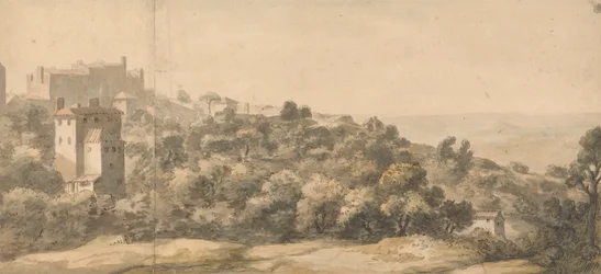 Uma Paisagem Italiana: aldeia numa colina à esquerda, encosta inclinada para a direita, com vale distante para além