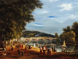 Uma vista da ponte de Richmond com barcos no rio e figuras que promenading,