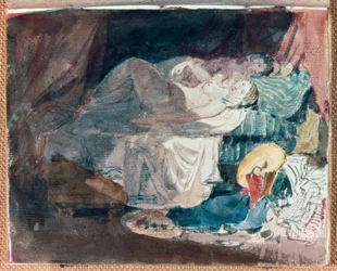 Menina nua e um companheiro em uma cama