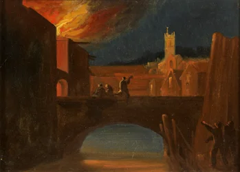 Bristol Motins: The Burning of Bridewell, com a Igreja de St Michael, Bridewell Bridge, c.1831 (óleo sobre papel)