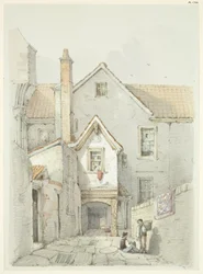 Antiga casa anteriormente situada perto da Catedral de Bristol (lápis e aguarela sobre papel)